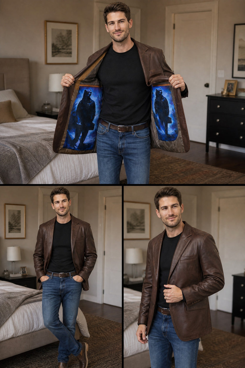TW Blazer em suede marrom com forro estampado de urso em cenário noturno e detalhes em couro nas lapelas.