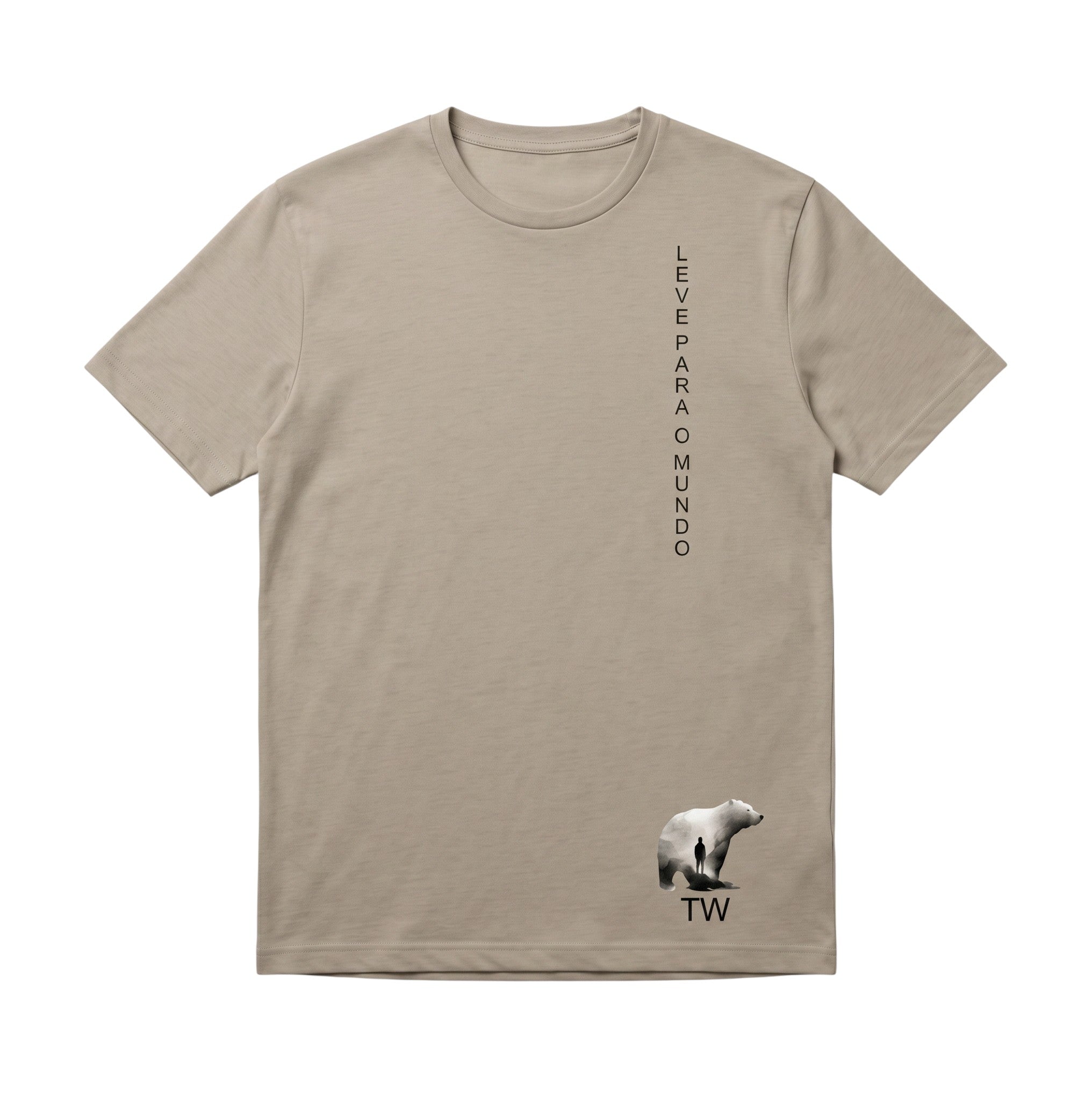 Camiseta bege TW com estampa de urso e texto vertical "Leve para o Mundo". Design minimalista.