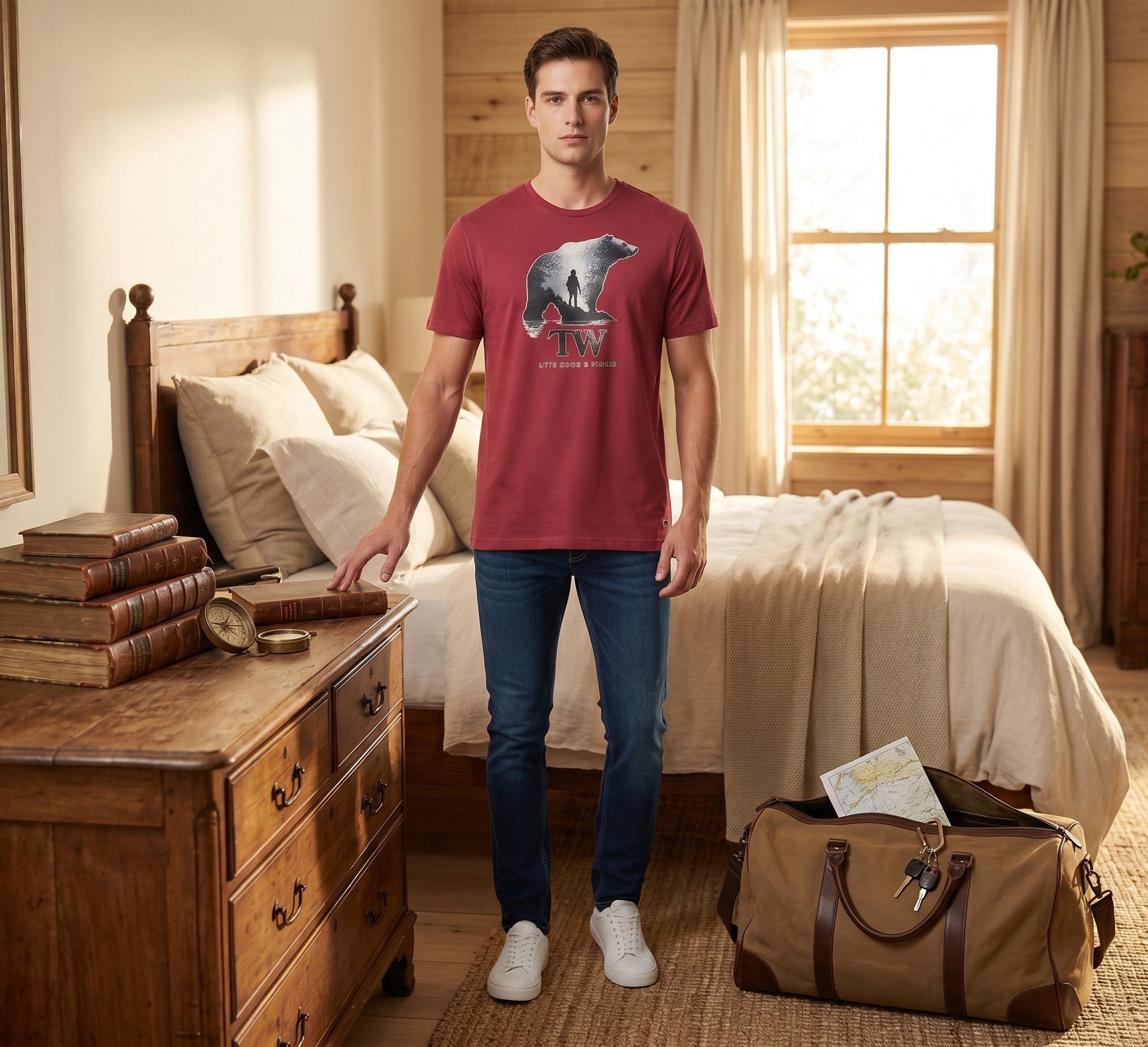 Camiseta TW vinho com estampa de urso e homem, inspirada em aventura e natureza.