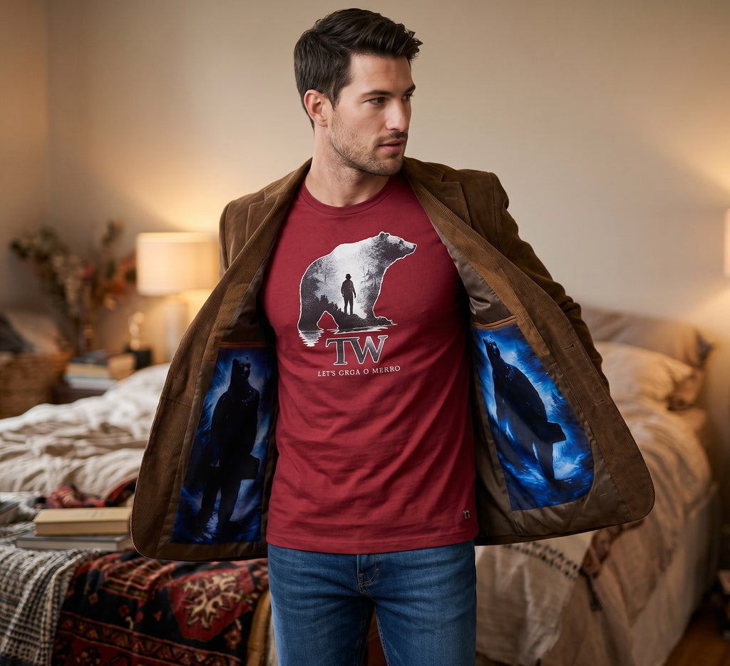 Camiseta TW vinho com estampa de urso e homem em paisagem, texto "Leve para o Mundo".